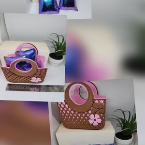 Pink and Brown Floral Doll Handbag, With Handmade Doll Pillows.